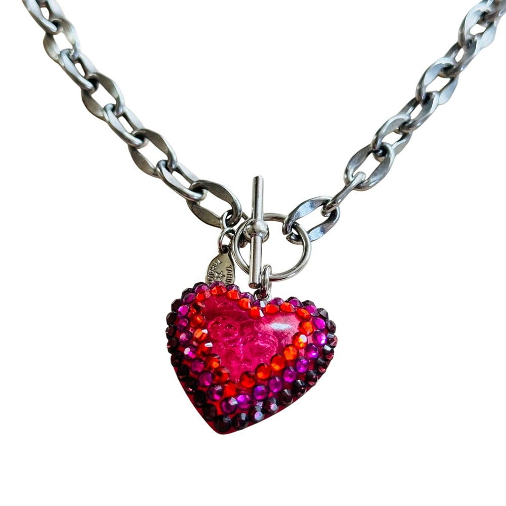 Tarina‎ Tarantino Heart Rhinestone Necklace Silver Chain Toggle Pink Red Retro